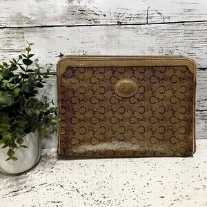 CELINE Vintage Macadam Brown Coated Canvas Clutch Pouch Cosmetic Bag